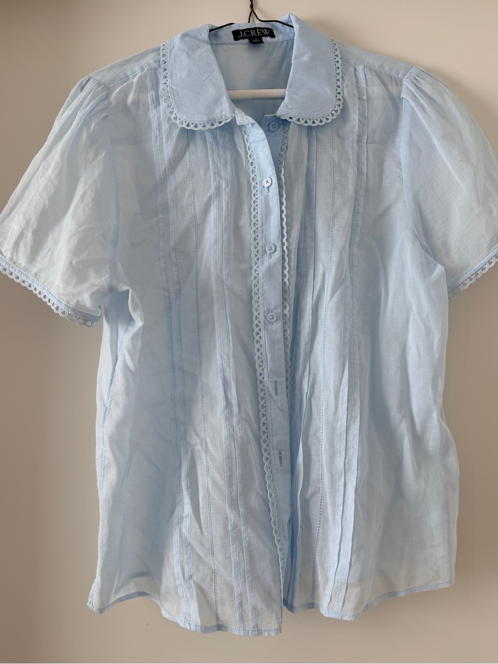 J. Crew Pale Blue Pintuck Lace-Trim Short Sleeve Blouse